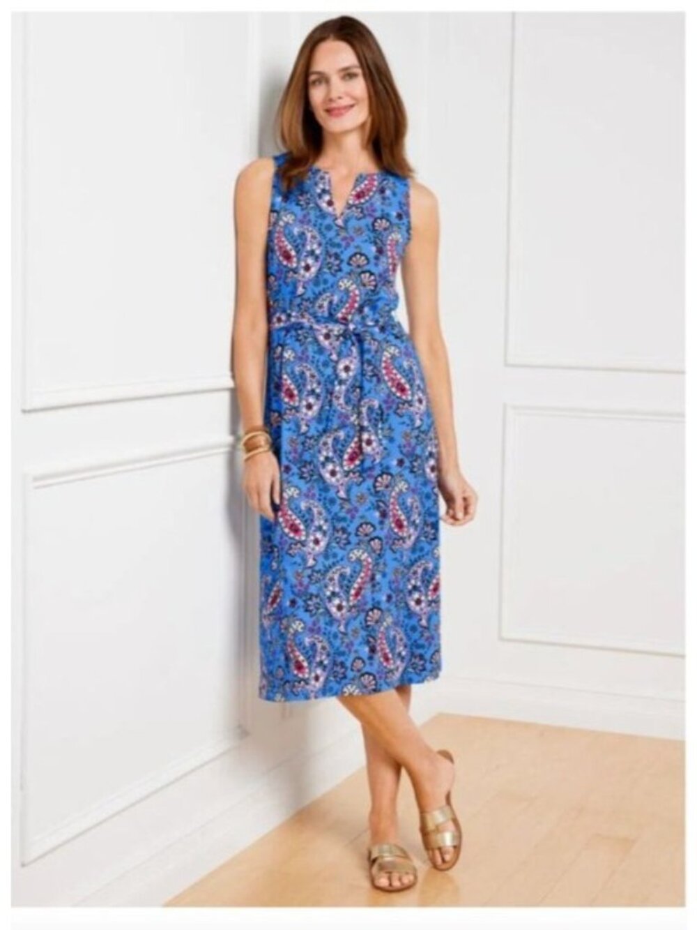 Talbots Effortless Jersey knit Tie Waist Midi Dress Seaside Paisley size large